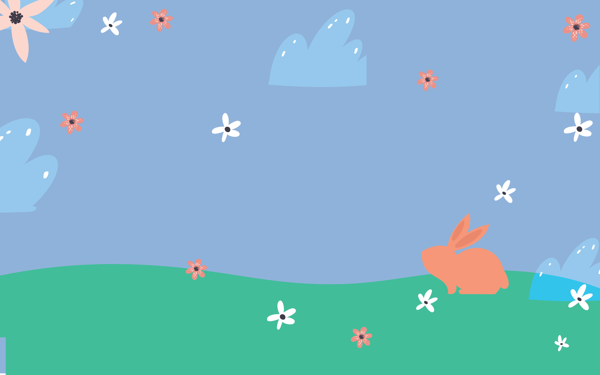 a rabbit on a grass field with flowers